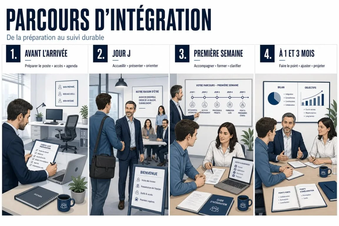 Intégration entreprise : parcours d’onboarding d’un nouveau collaborateur en quatre étapes, de la préparation au suivi