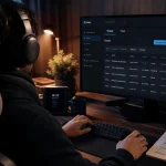 teleconseiller teletravail avec casque et CRM dans un bureau à domicile