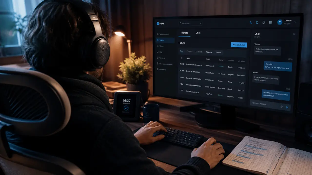 teleconseiller teletravail avec casque et CRM dans un bureau à domicile