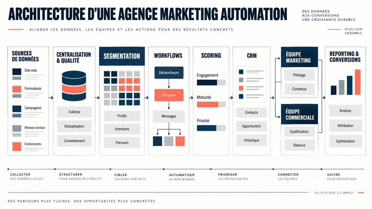 Schéma d’une agence marketing automation reliant données, workflows, CRM et reporting