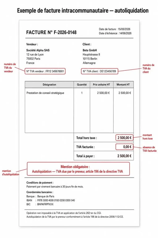 TVA sur achat intracommunautaire : exemple de facture annotée avec les mentions à vérifier
