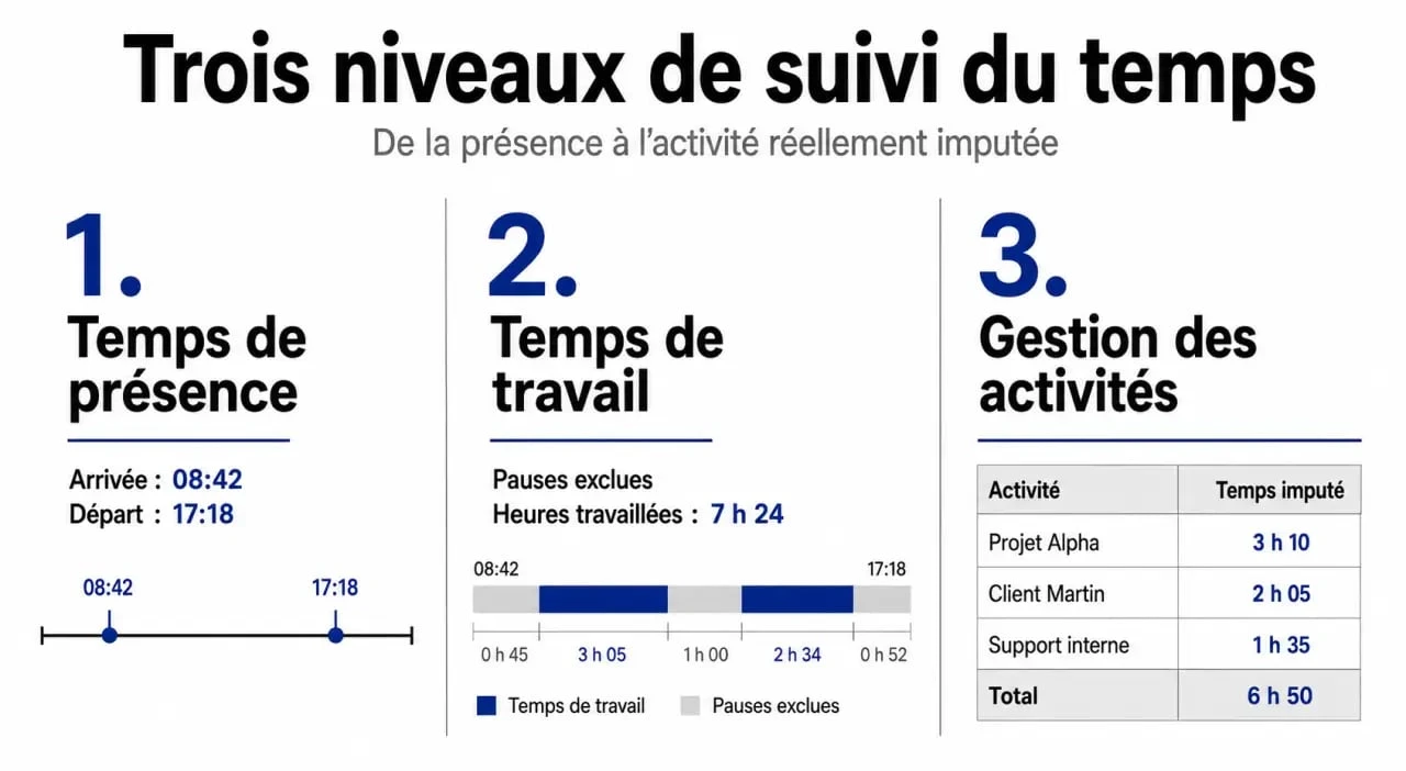 Gestion des temps de présence : comparaison visuelle entre présence, temps de travail et activités