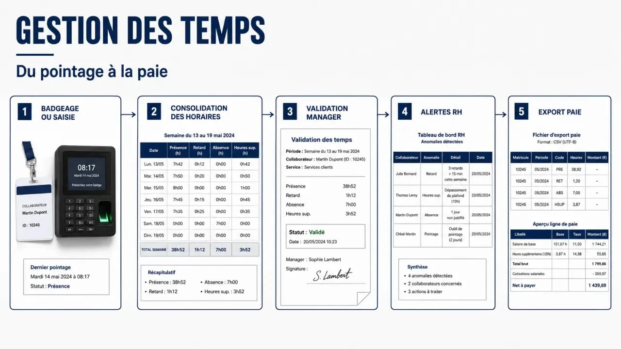 Gestion des temps de présence : schéma des flux entre badgeage, validation RH et export paie