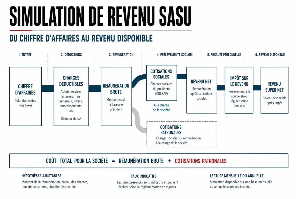 Simulation revenu SASU : schéma du chiffre d’affaires au revenu super net