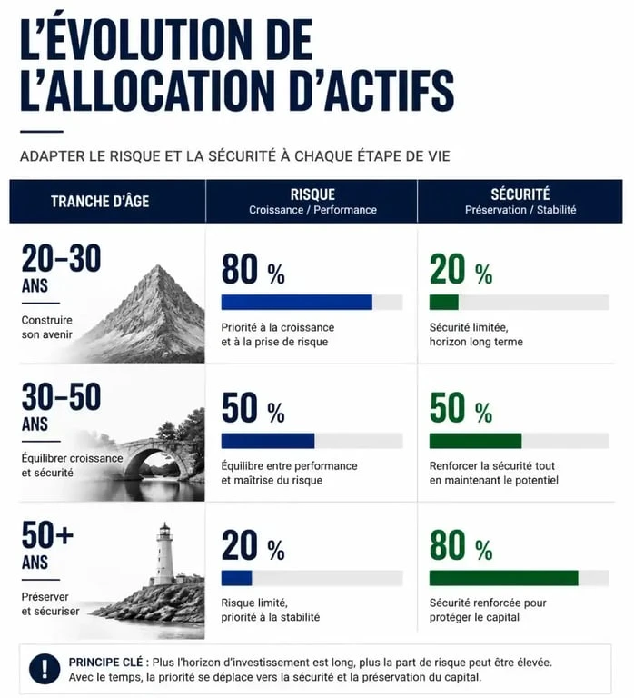 Infographie sur la stratégie pour se constituer un patrimoine selon l'âge