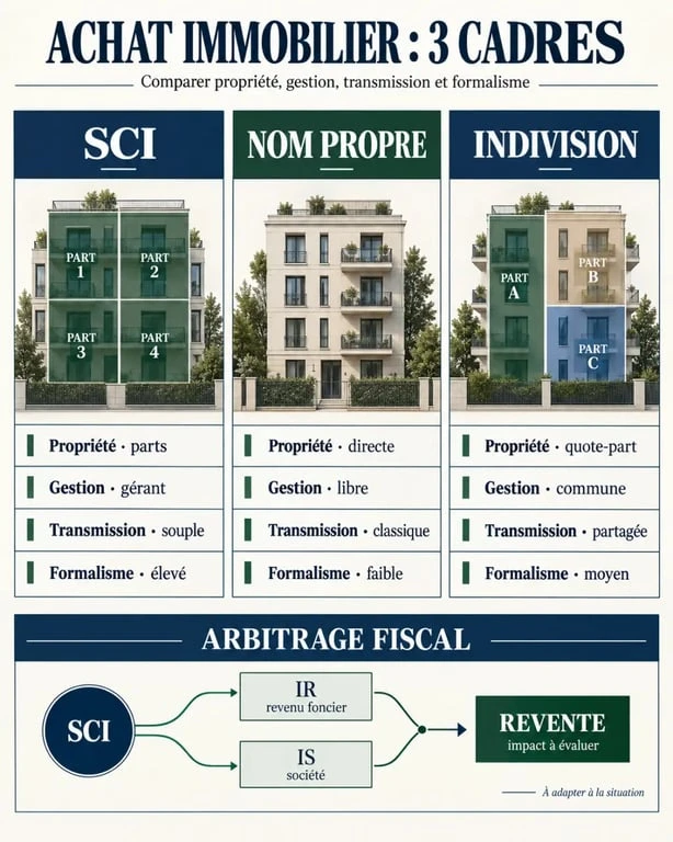Achat immobilier par SCI : comparaison visuelle entre SCI, achat en nom propre et indivision