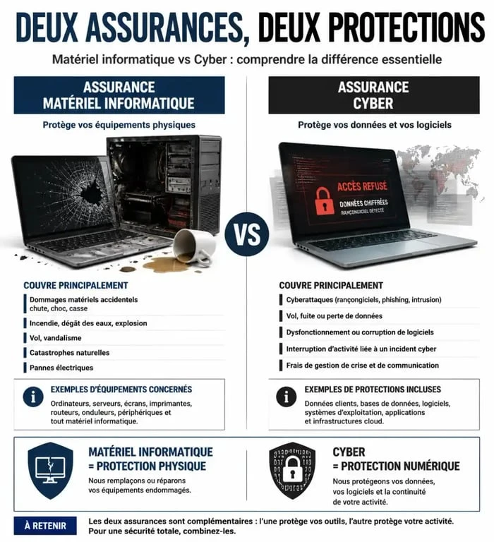 Infographie comparative assurance matériel informatique entreprise vs assurance cyber