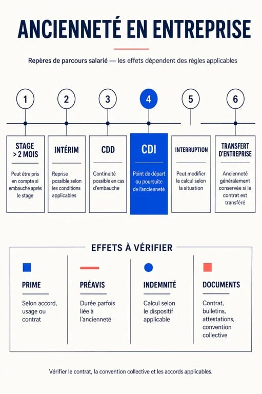 Infographie sur l'ancienneté dans une entreprise et les périodes prises en compte