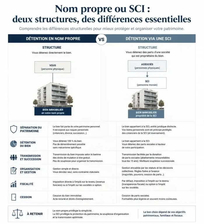 Comparatif visuel entre investissement locatif en nom propre et en SCI