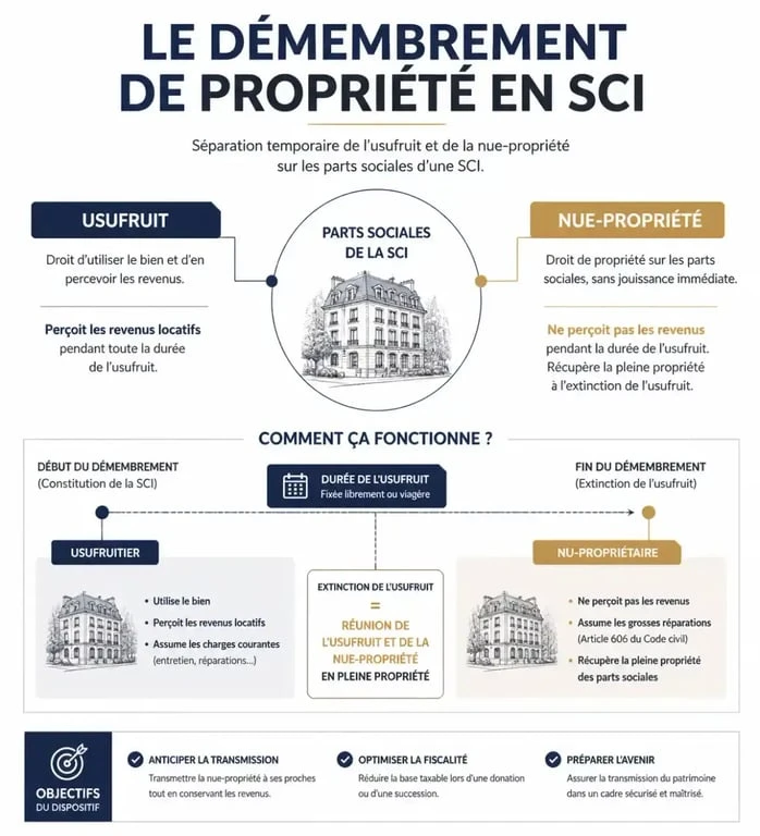 Schéma explicatif du démembrement de propriété pour un investissement locatif en SCI