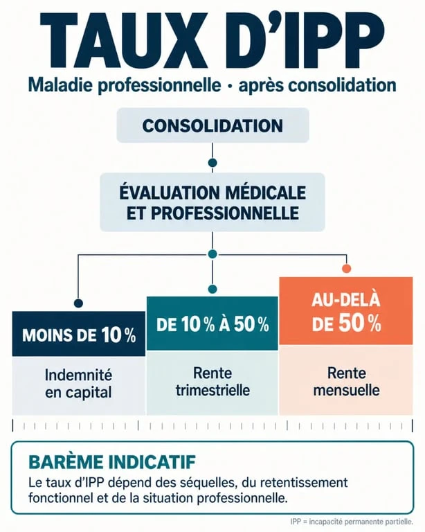 Infographie du barème taux IPP maladie professionnelle et des seuils d'indemnisation