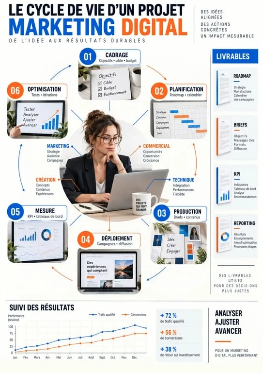 Cycle de vie d'un projet de chef de projet marketing digital, du cadrage à l'optimisation