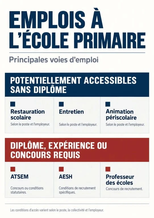 Emploi école primaire sans diplôme : infographie des métiers accessibles et des conditions d'accès