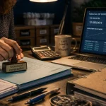 Secrétariat comptabilité : secrétaire comptable avec tampon et tableau TVA