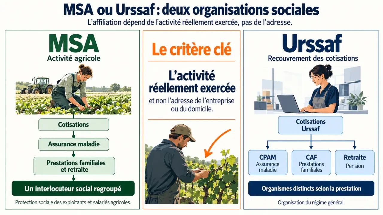Infographie comparative sur le régime social MSA ou Urssaf et les organismes compétents