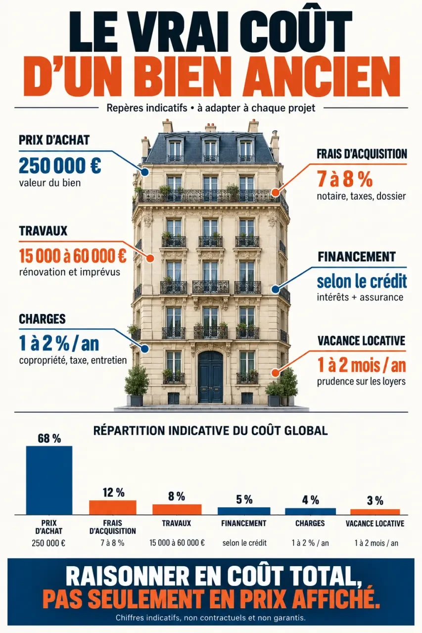 Infographie sur le coût global d’un investissement immobilier ancien entre achat, travaux, financement et charges