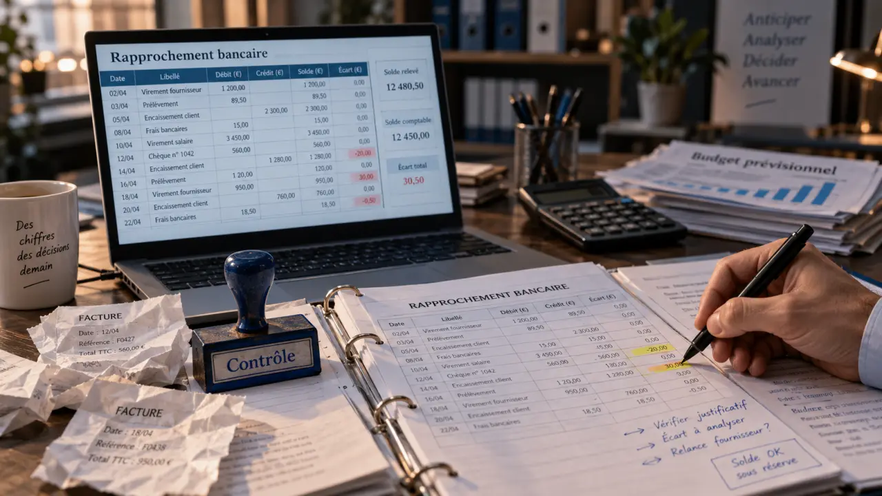 Gestionnaire comptable contrôlant factures et budget, rapprochement bancaire